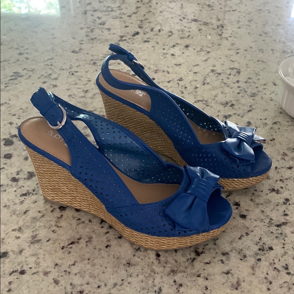 Blue Wedge Sandals with Bow Detail